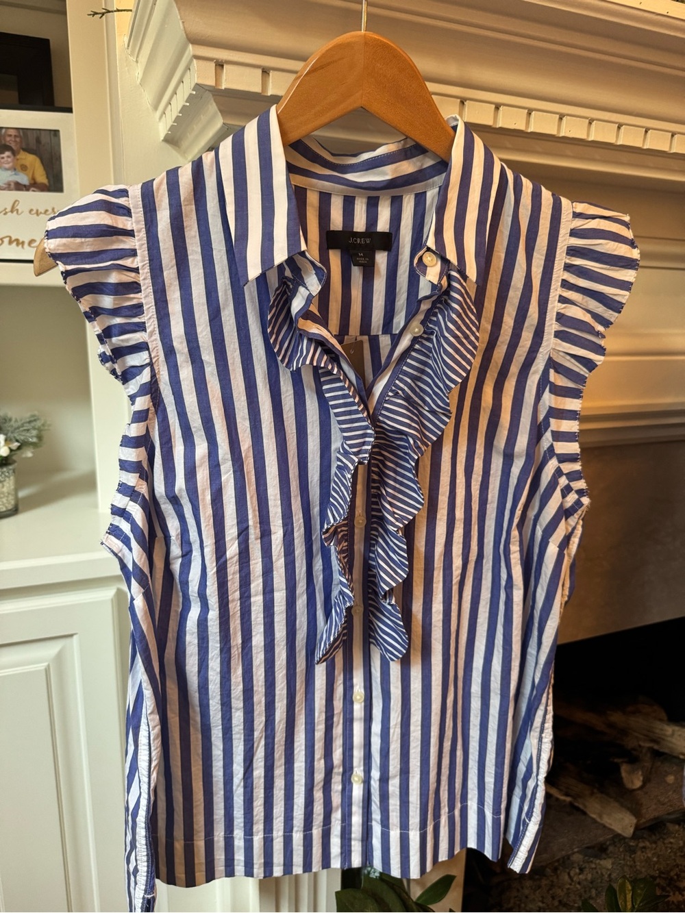 J. Crew Navy and White Striped Ruffle Front Sleeveless Blouse. Size M. NWT. - Picture 1 of 3